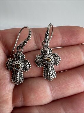SARDA Sterling Silver Cross Drop Earrings with 18K Gold Accent